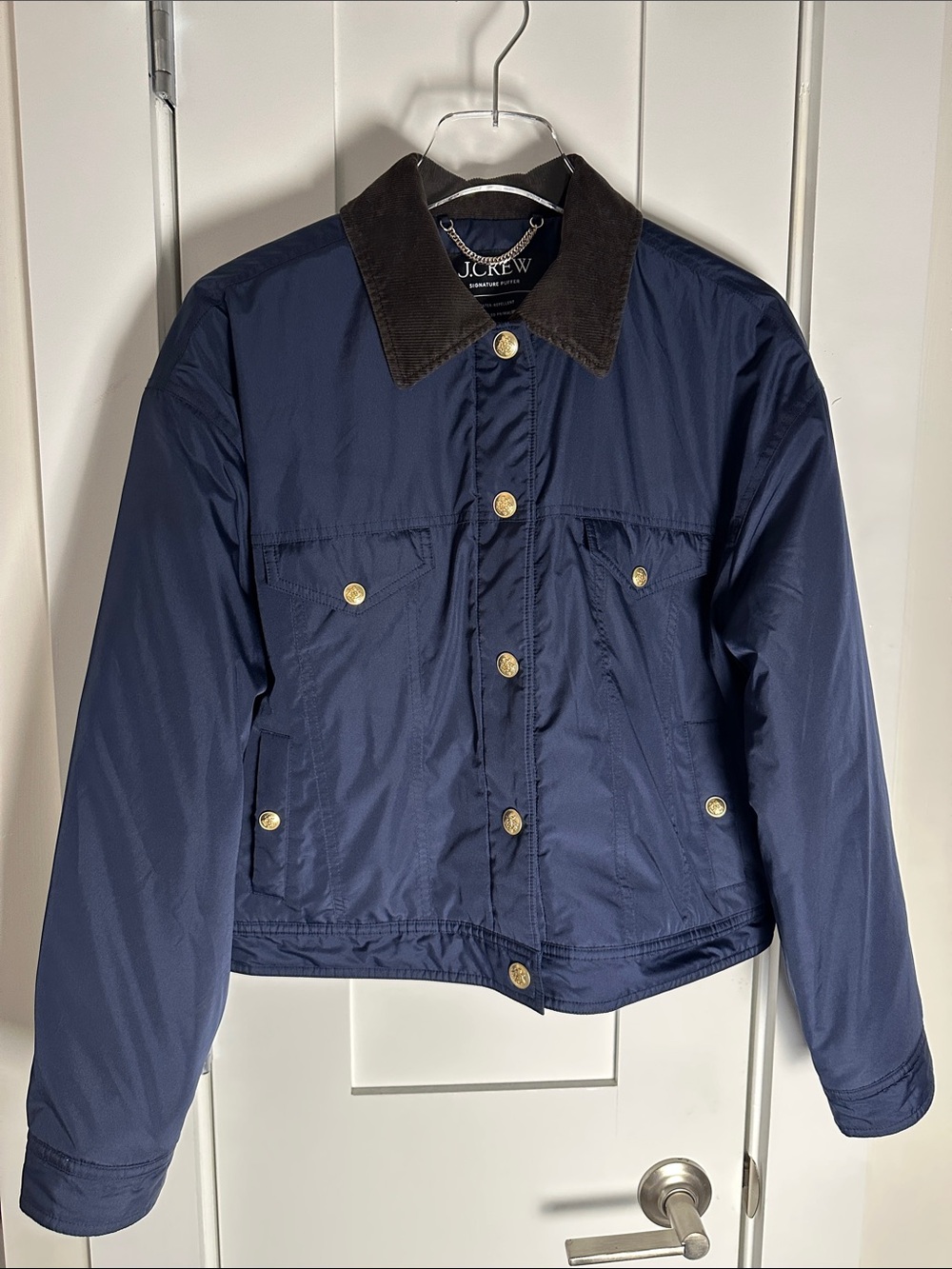 J. CREW Signature Puffer Jacket Corduroy Collar Navy Blue SMALL EC LIKE NEW